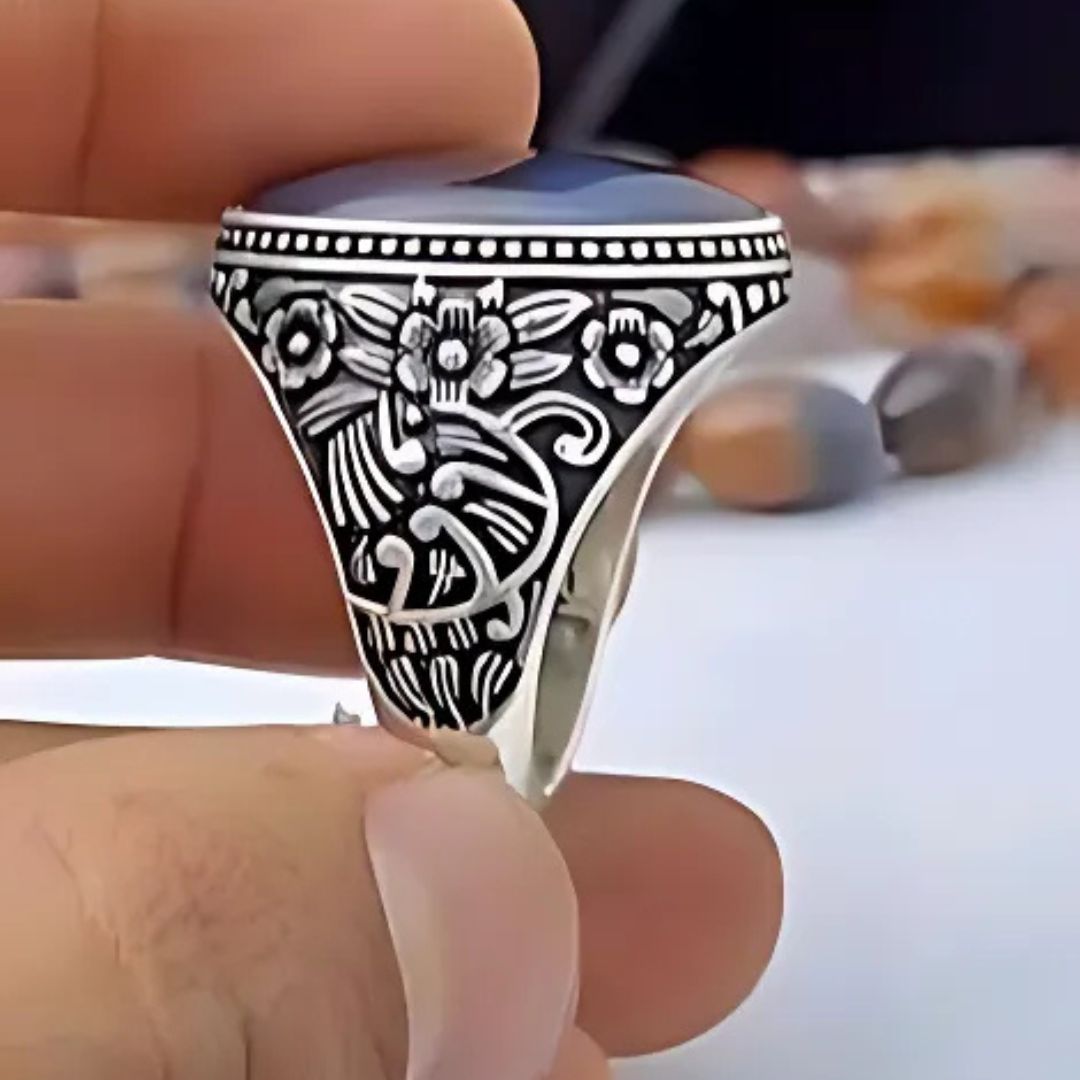 Natural Yemeni Aqeeq Stone Ring , Handmade Artisan Ring , Hand Engraving Art Ring , 925 Silver Yamni Aqeeq Ring