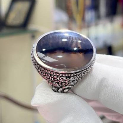 Natural Yemeni Aqeeq Stone Ring , Handmade Artisan Ring , Hand Engraving Art Ring , 925 Silver Yamni Aqeeq Ring